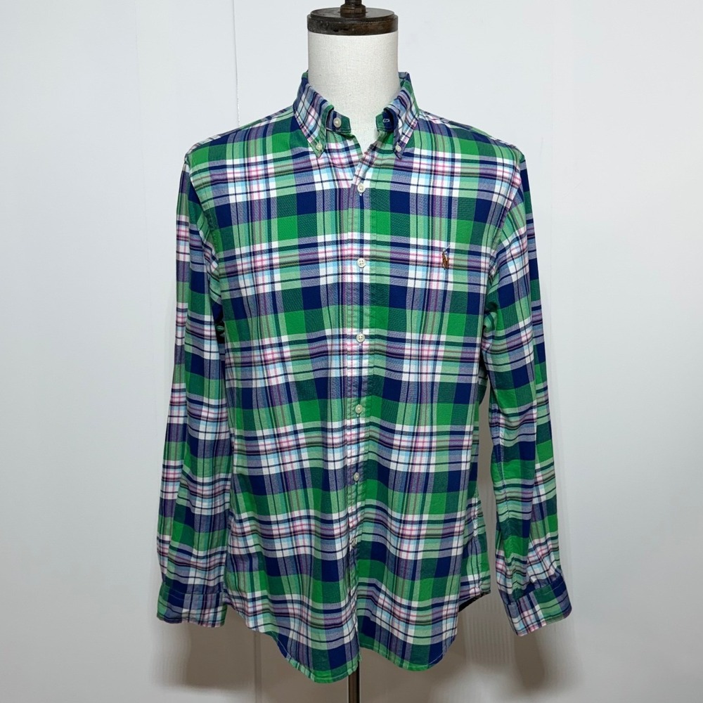 Ralph Lauren Shirt Men Large Green Colorful Flesh Pony Plaid Button Long Sleeve